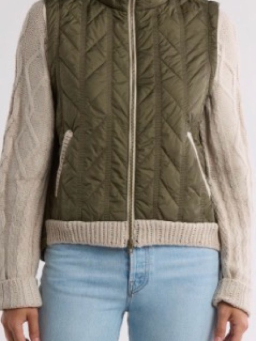 Olive Quilted & Cream Cable-Knit Hybrid Jacket